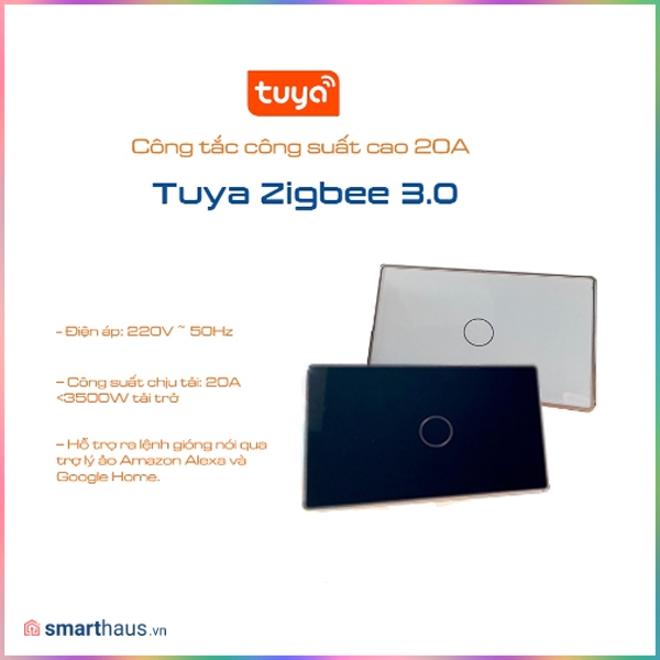 Công tắc thông minh Wifi/Zigbee Tuya, công suất cao 20A, viền vàng cao cấp